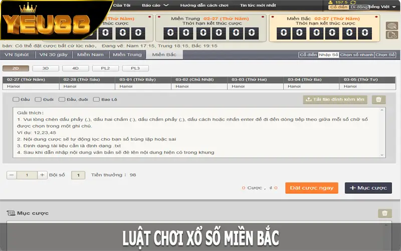 Luật chơi xổ số miền Bắc tại nhà cái Yeu88