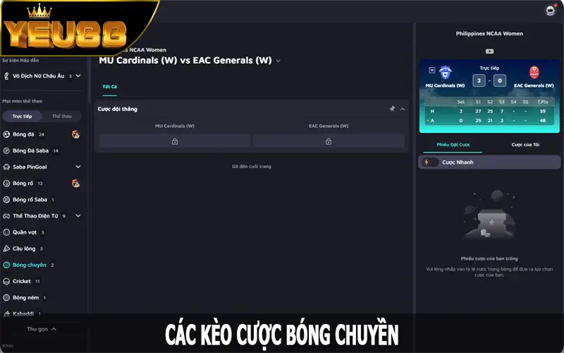 Các kèo cược bóng chuyền Yeu88 phổ biến