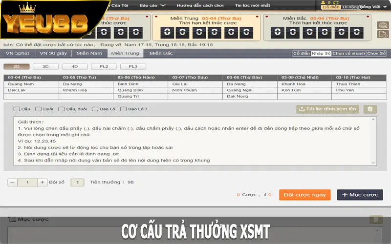 Cơ cấu trả thưởng XSMT tại Yeu88
