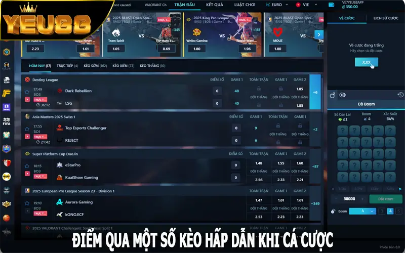 Điểm qua một số kèo hấp dẫn khi cá cược tại Yeu88
