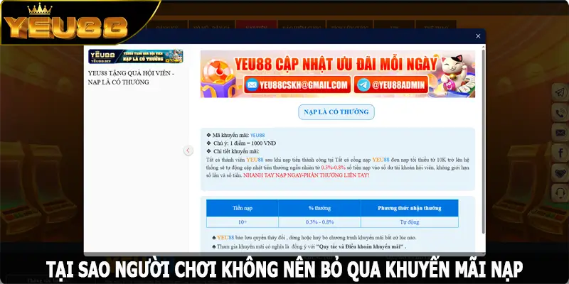Tại sao người chơi không nên bỏ qua khuyến mãi nạp tại Yeu88?